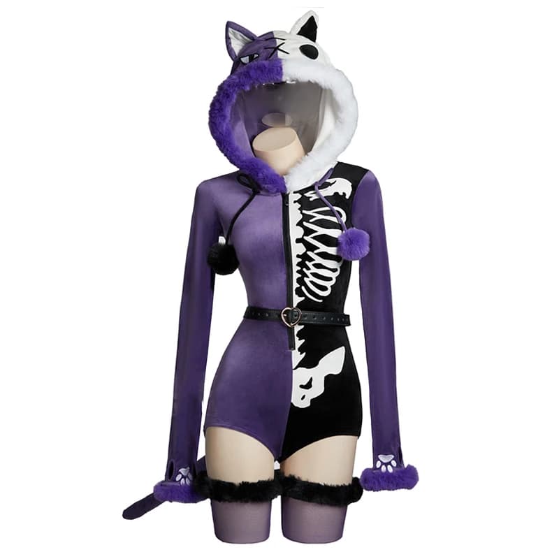Anime Panty & Stocking with Honekoneko Women's Cosplay Costume Kawaii Plush Hooded Socks Dresses Animated Cartoon