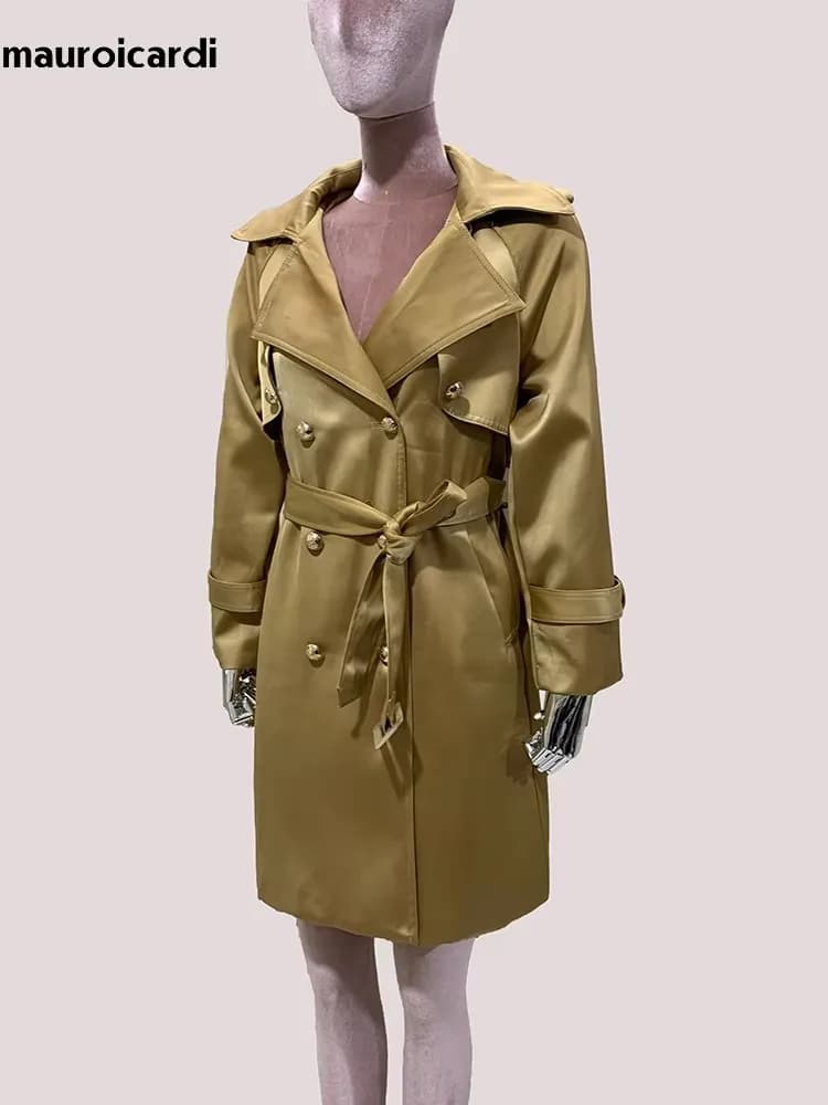 Lautaro Trench da donna kaki lucido primavera autunno cintura manica lunga doppio petto elegante chic abiti firmati di lusso