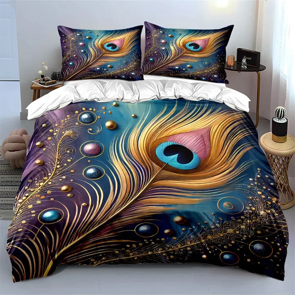 Set di biancheria da letto con piume di pavone, morbido e confortevole, include 1 copripiumino e 2 federe, idea regalo