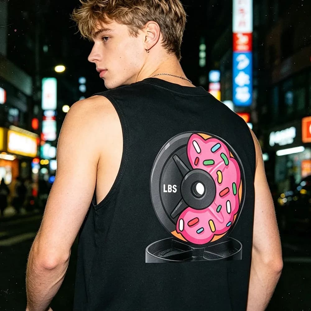 Fitness Men Cotton Sleeveless Tank Donut Weight Plate Cartoon Printing Tank Top Men Gym Sleeveless Crew Neck Cotton Tank Top