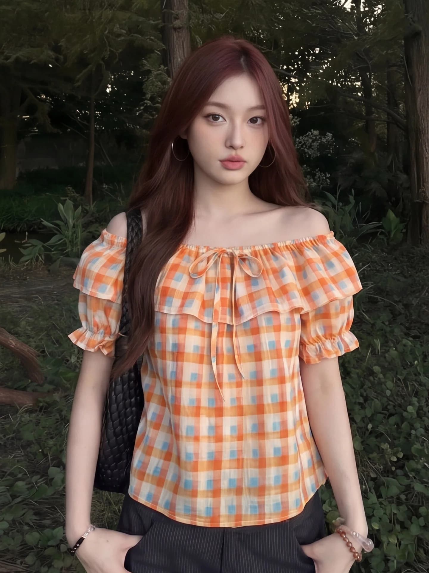 Camicia monospalla con finiture in pizzo a quadri color Dopamine, top estivo da donna super bello con cintura annodata e maniche corte