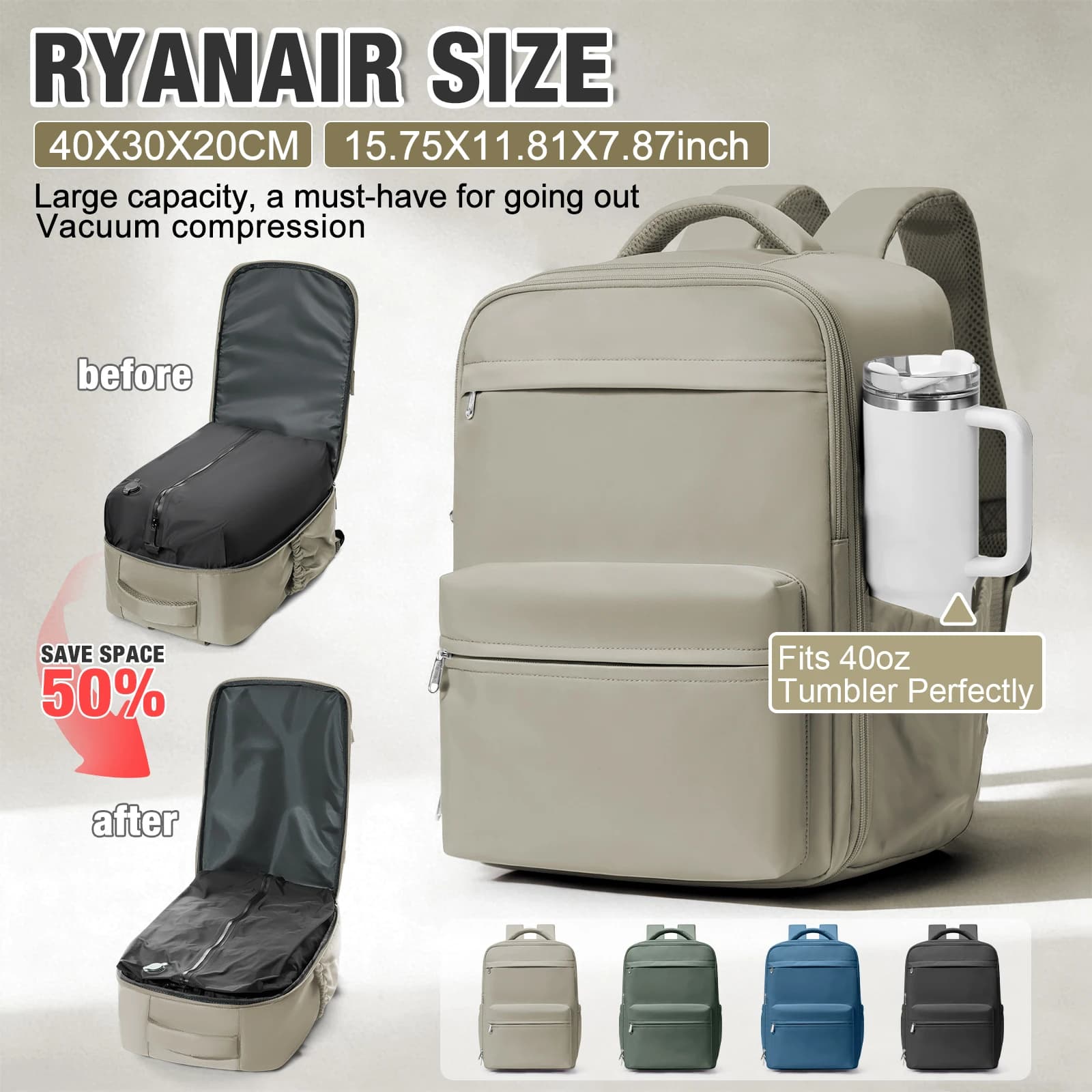 Zaino a Compressione Sottovuoto, Zaino per Ryanair 40x30x20, Borsa da Viaggio per Bagaglio a Mano Wizzair, Borse per Laptop, Zaino Unisex