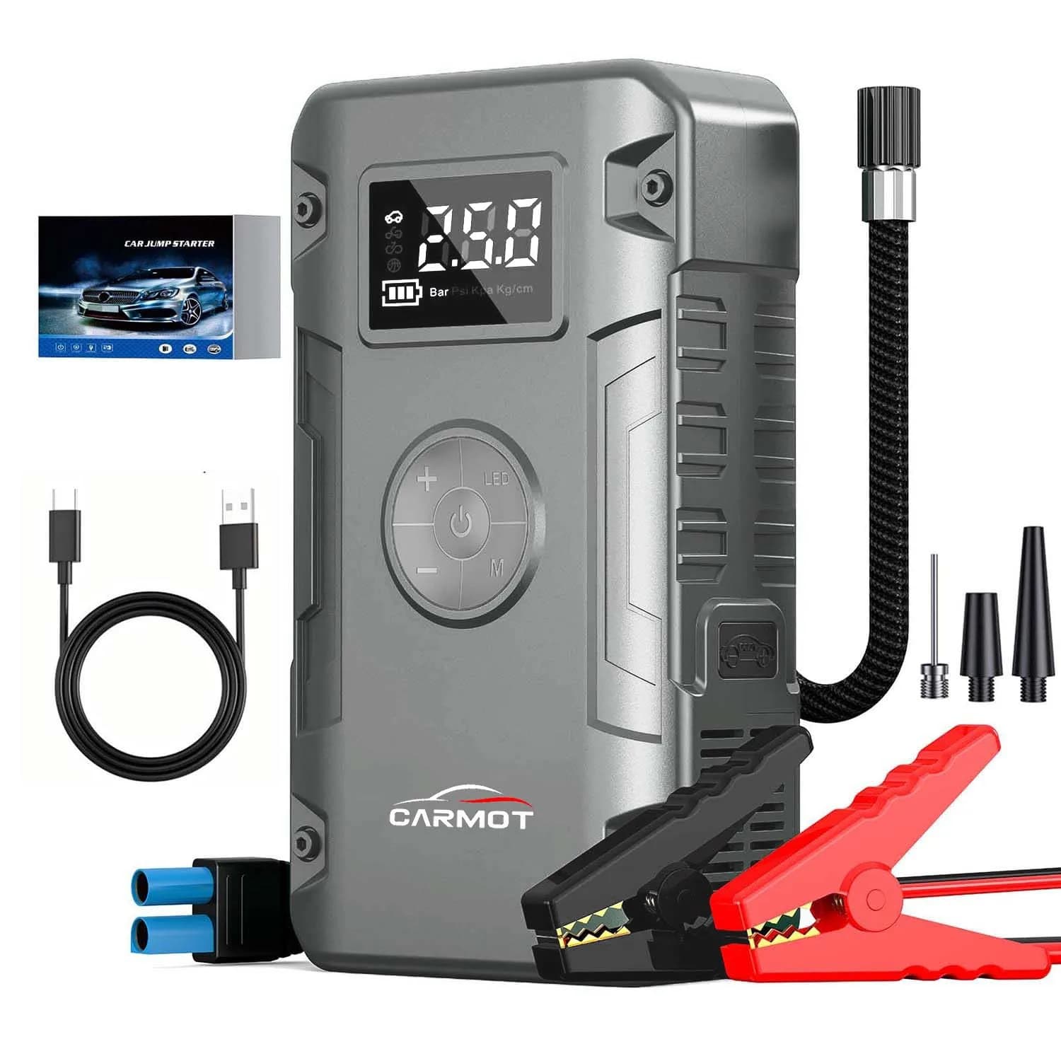 Avviatore di emergenza 5-IN-1 7000A, avviamento di emergenza per batteria per auto 12V con compressore d'aria (fino a tutti i motori diesel a gas o 10,0 litri)