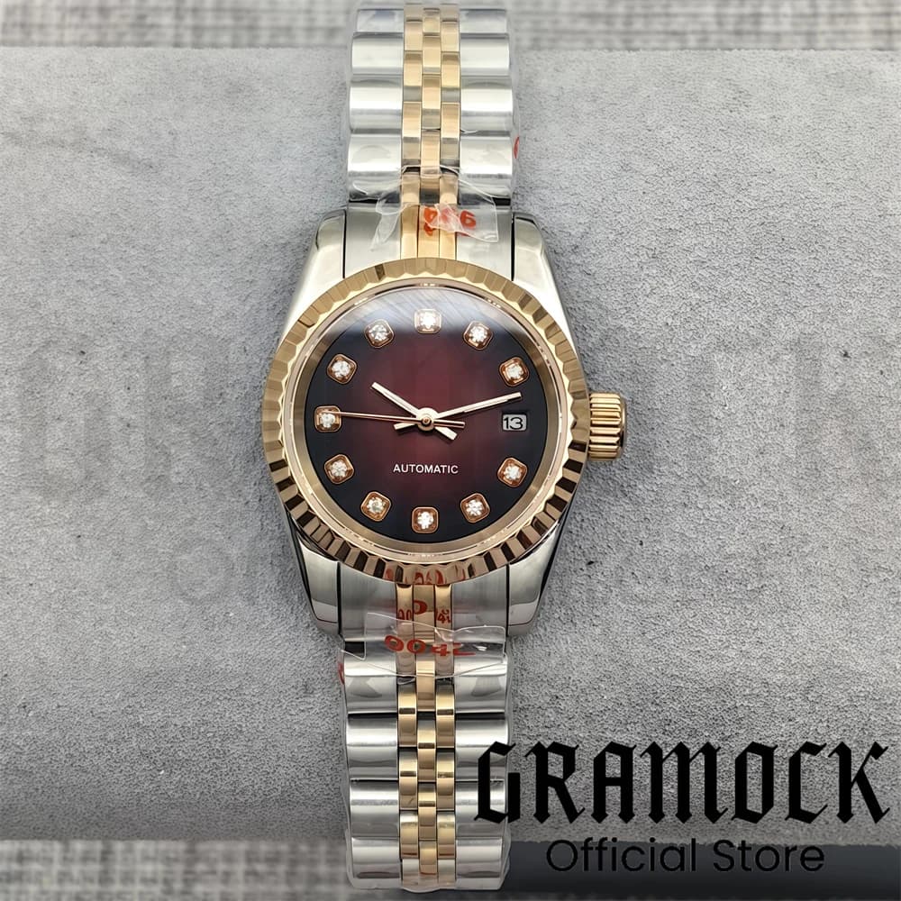Gramock 26mm Orologio meccanico argento da donna Vetro zaffiro 3 punti Data Diamante Rosa Madreperla NH05 Automatico 100 m Impermeabile