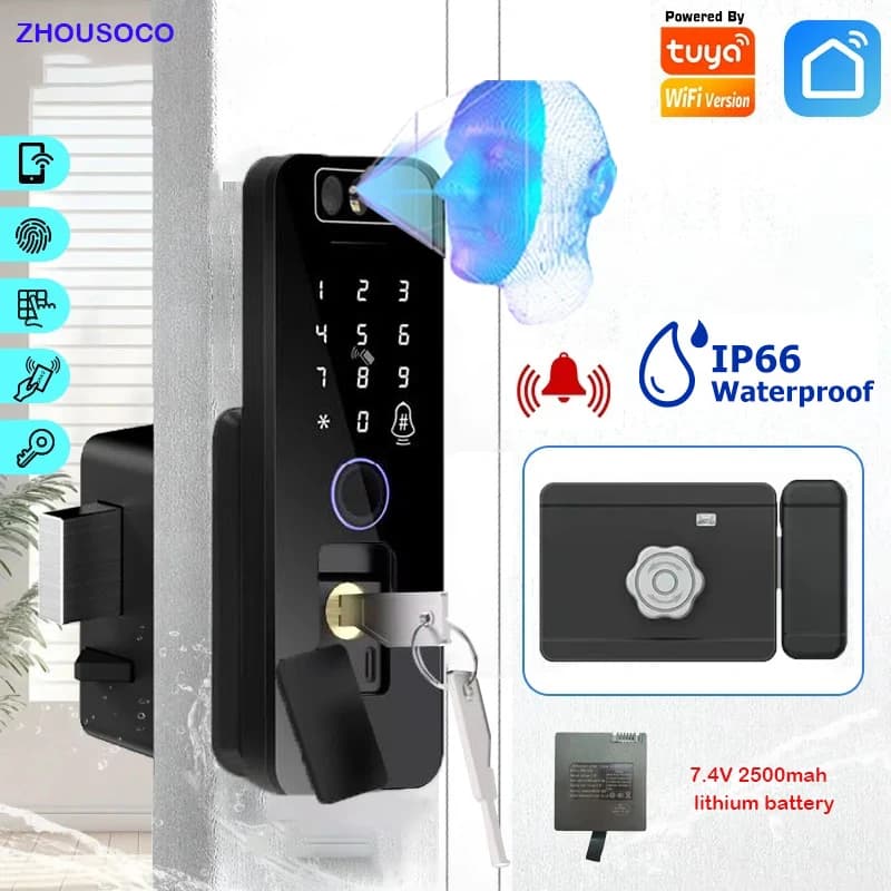 Tuya WiFi 3D Riconoscimento facciale Blocco impronte digitali impermeabile Smart Doorock con batteria ricaricabile Codice app Blocco cancello senza chiave