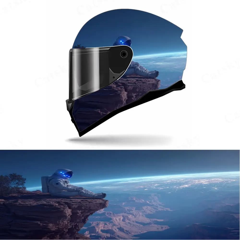 Decalcomanie per casco integrale con vista sull'astronauta sulla terra - PVC resistente e impermeabile, estetica autoadesiva per casco da corsa per motociclisti