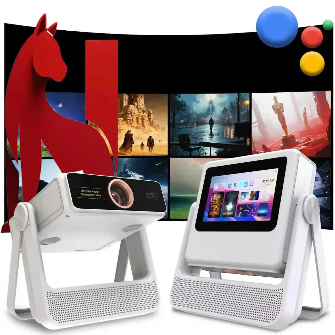 Proiettore Smart con Tablet e Altoparlante Bluetooth, Schermo da 7 Pollici, HDMI/USB, Correzione Automatica Keystone 180° ° Supporto Girevole per Disney+ e Google Play