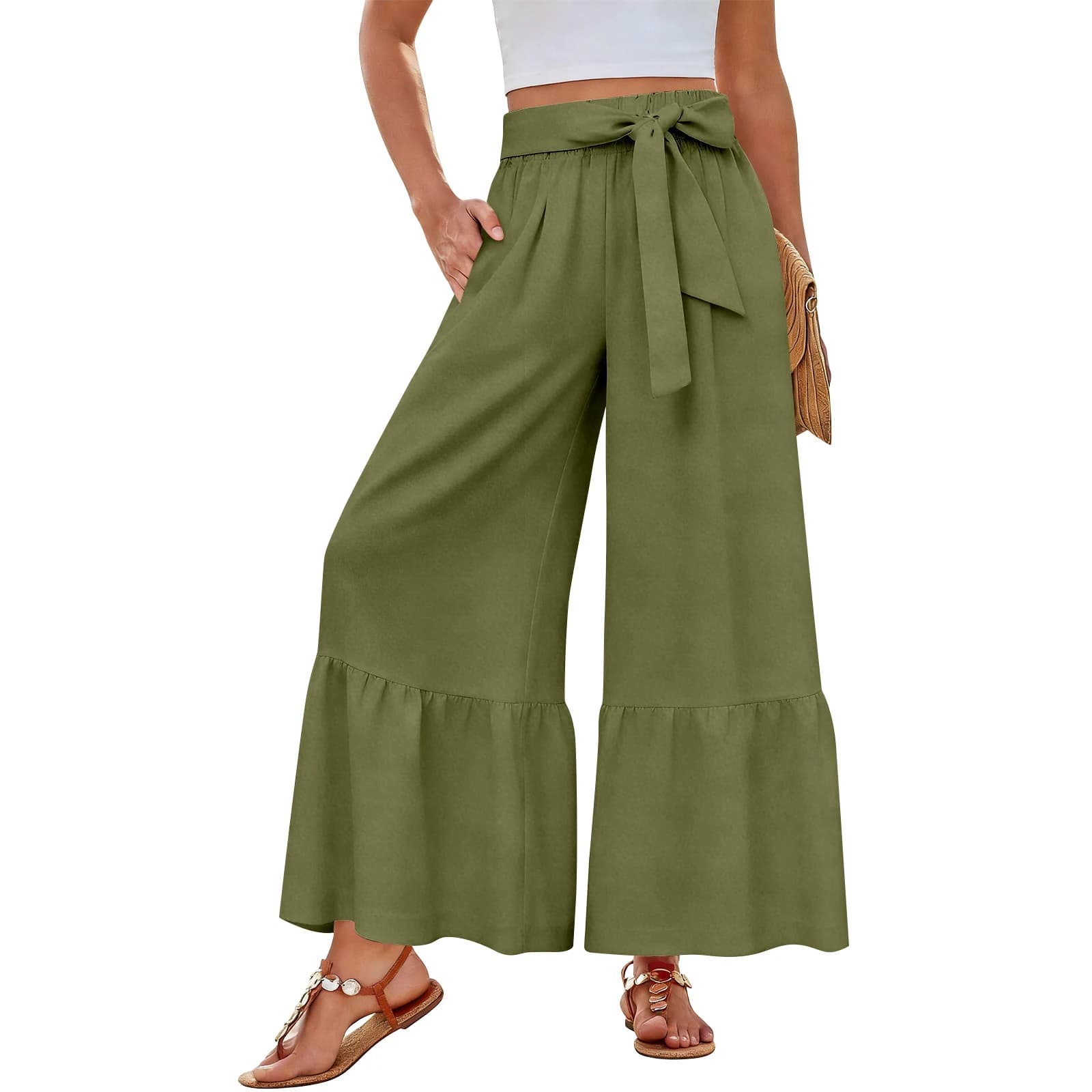 Women's Summer Trousers in Gamba Larga with Belt and Coulisse, High Life, Arricized Hem, Straight Leg, Fashion Casual with Pockets