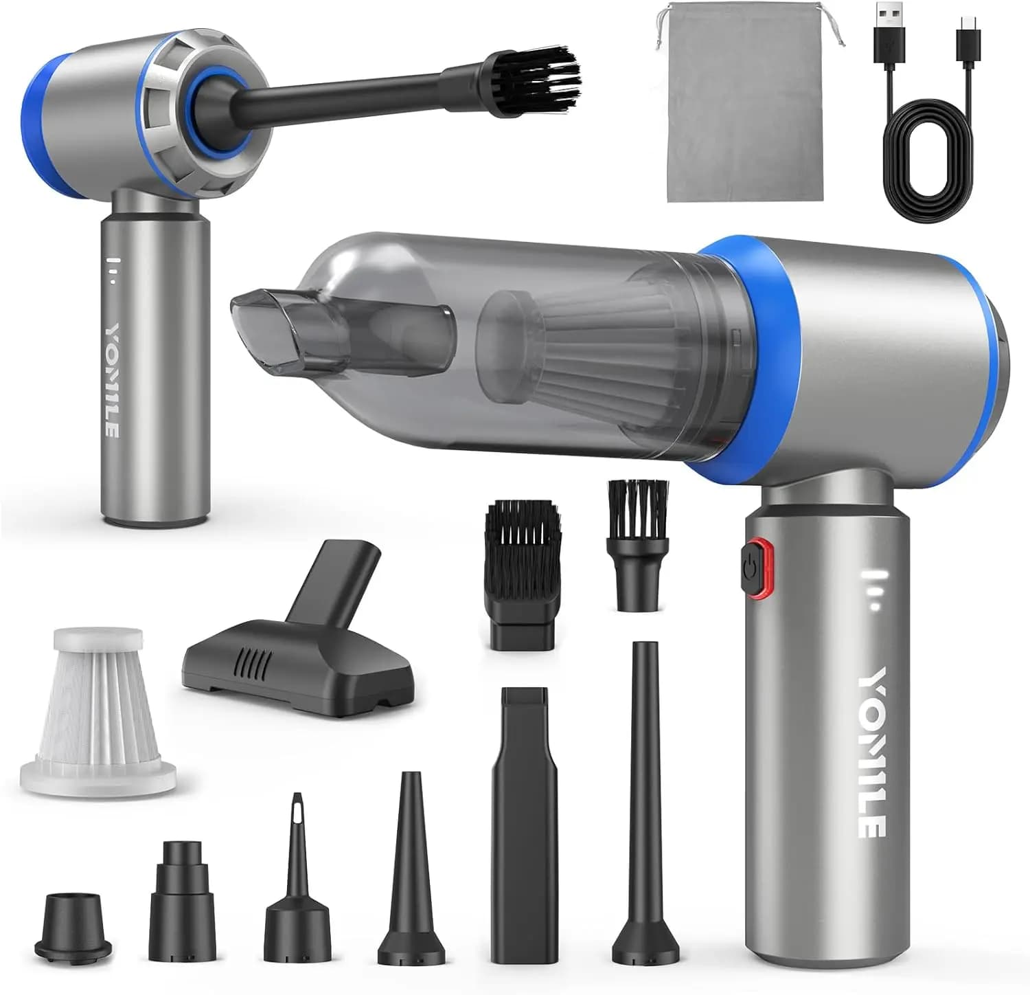 Aspirapolvere e Soffiatore d'Aria Senza Fili 2-in-1, 27000PA di Aspirazione per Auto, Casa, Ufficio - Portatile Wireless con Batteria da 9000mAh