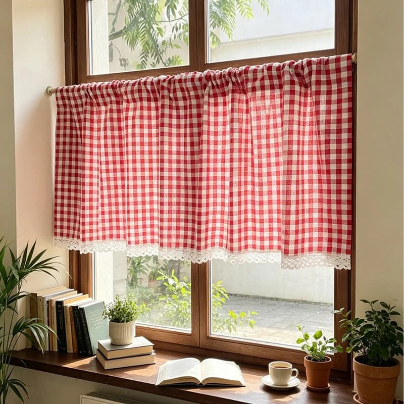 Lace Trim Tier Curtain Buffalo Plaid Striped Cafe Half Small Window Curtains Farmhouse Kitchen Christmas Decoration Short Drapes