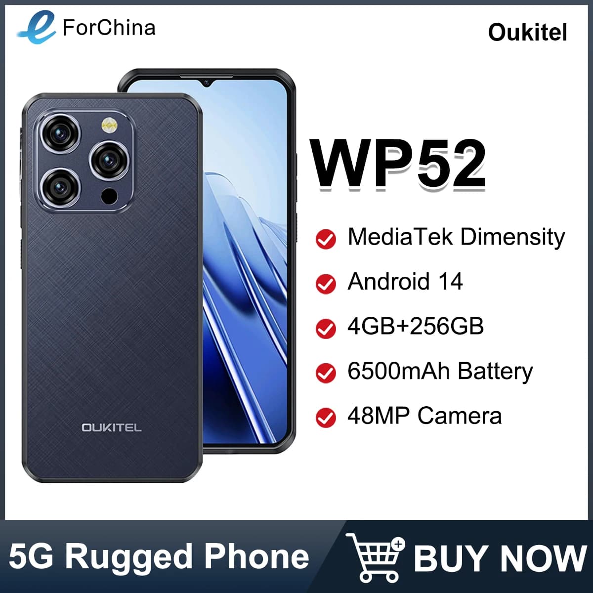 Oukitel WP52 Smartphone robusto 5G 6.6" HD+ 6500mAh 4GB+256GB Android 14 MTK Dimensity 6100+ 48MP Fotocamera 18W NFC Telefono cellulare