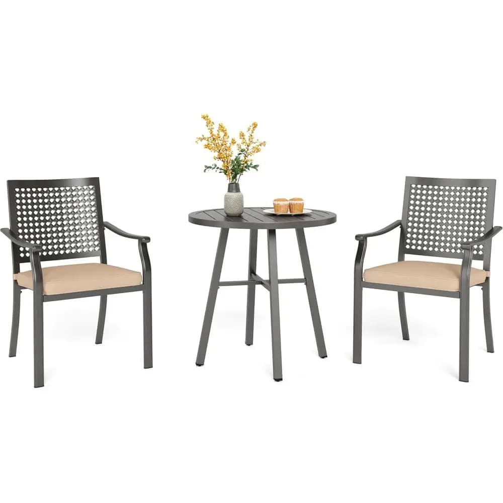 Compact 3-piece bistro set with iron padded chairs for patio, terrace or balcony