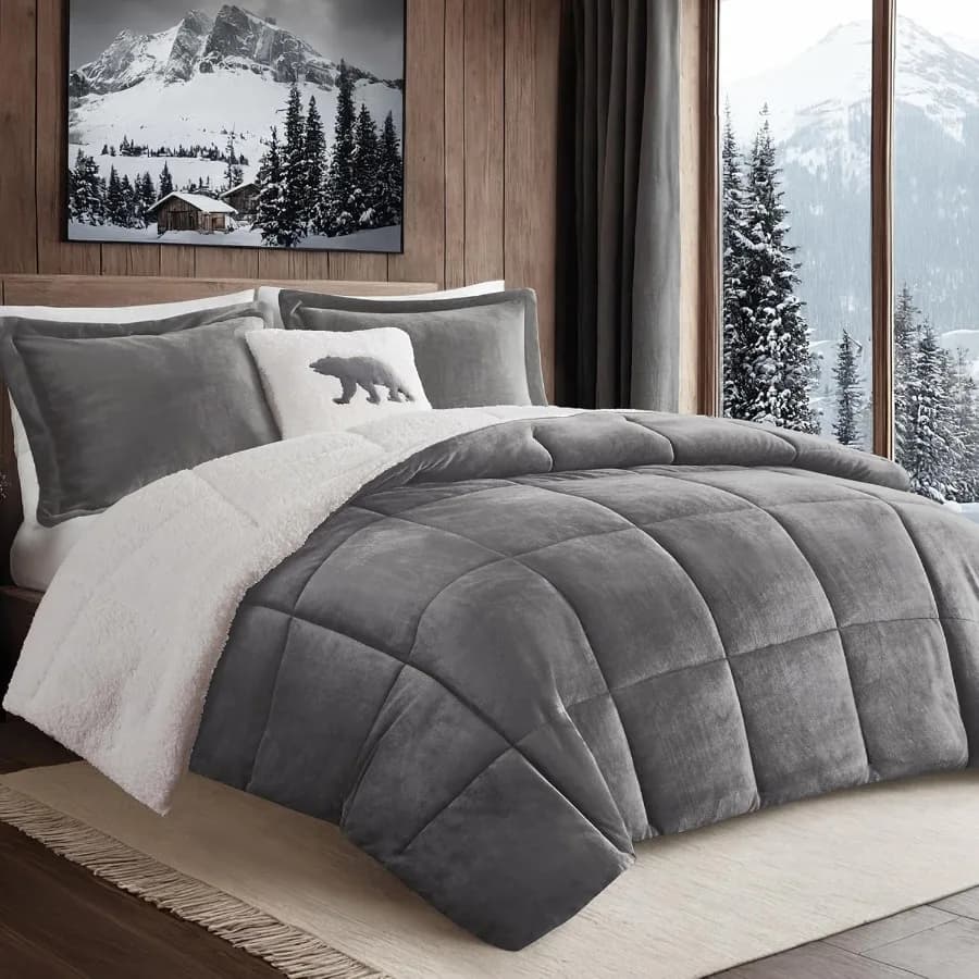 Set piumino reversibile Woolrich Peluche ultra morbido a Sherpa Down Biancheria da letto calda invernale alternativa per la stagione fredda con Sh abbinato