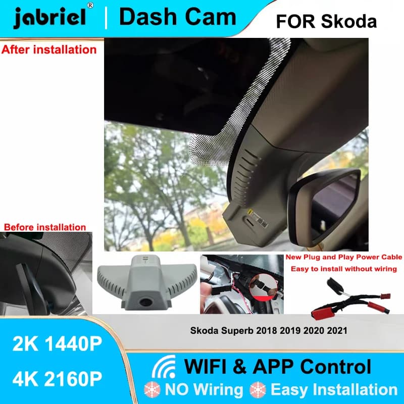 Jabriel for Skoda Superb 2018 2019 2020 2021 Dash Cam Front and Rear DVR 2K 4K 2160P Wifi Plug and Play Video Recorder