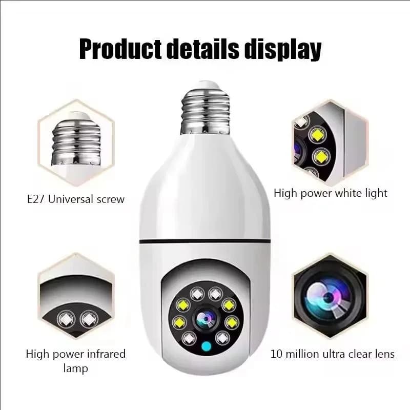 Telecamera di Sorveglianza HD 1080P E27, Lampadina con Videocamera Antifurto per Interni ed Esterni, Monitor di Sicurezza Wireless WiFi con Visione Notturna e Audio IP
