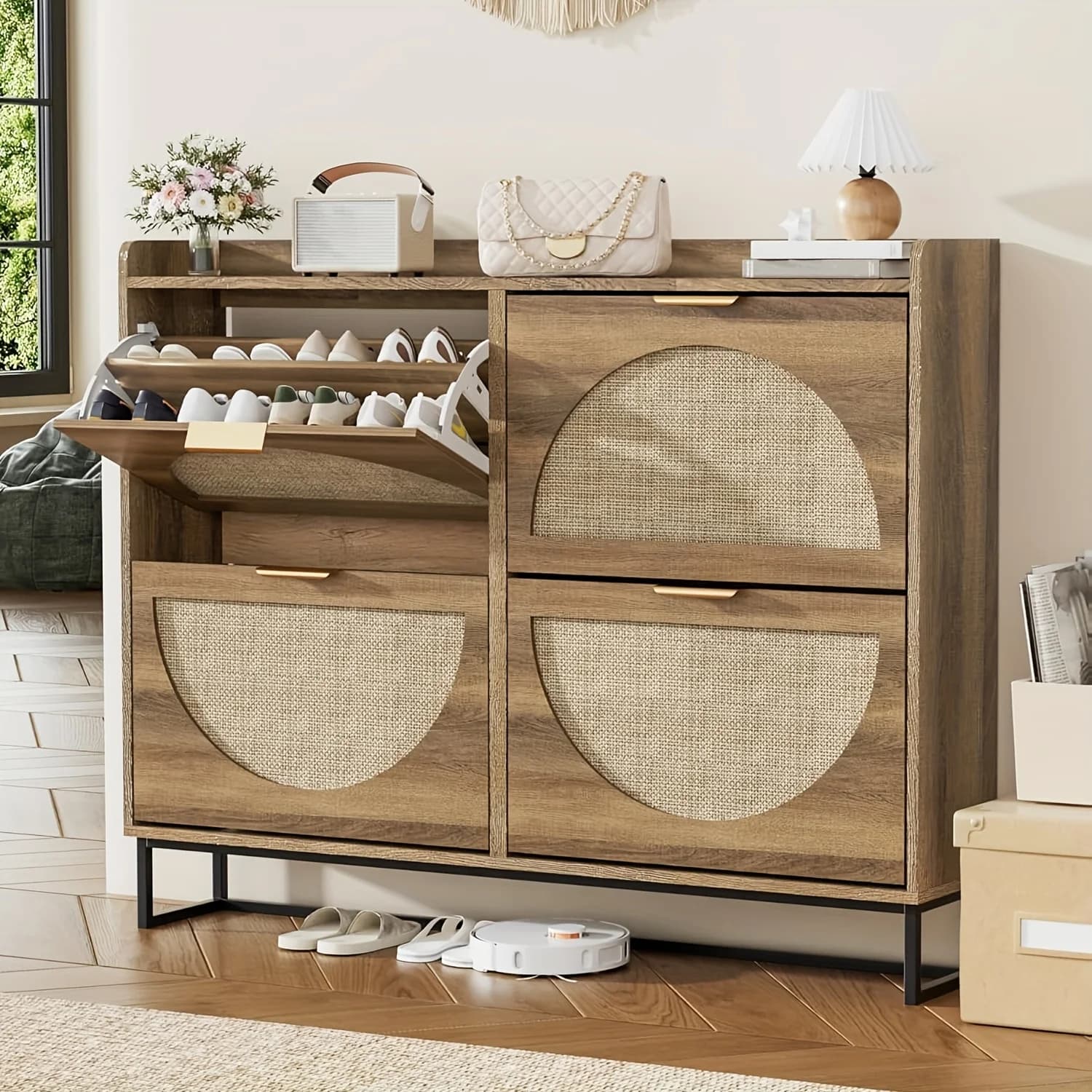 Rustic Oak Rattan Shoe Storage Cabinet, 2/3/4 Flip Drawers Freestanding Narrow Shoe Organizer, Shoe Rack With Sturdy Metal Legs And Hidden Golden Handles, Space Saving Hidden Footwear Storage Furniture Perfect For Entryway Hallway Front D