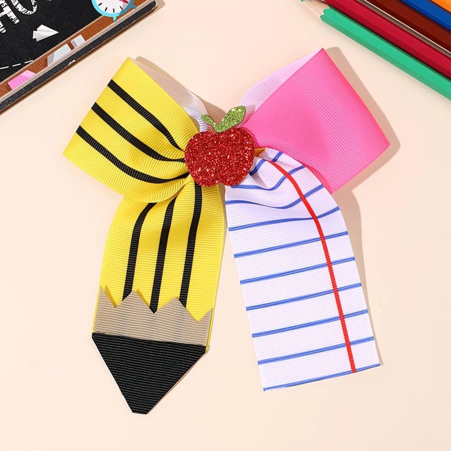 1pc 1pcs Pencil-Shaped Hair Bow Clip with Sparkly Glitter Apple Decor & Grosgrain Ribbon Bow Suitable for, Back to School Hair f