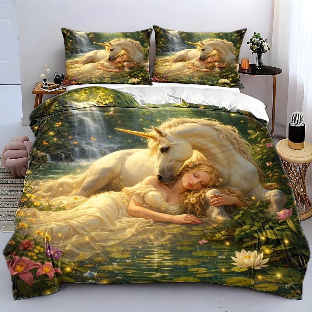 3Pc Dreamy Forest Unicorn and Girl Duvet Cover Set, Three-Piece Bedding Set (1 Duvet Cover + 2 Pillowcases), Suitable for All Seasons, Machine Washable, Invisible Zipper Double Bed Cover, Suitable for Home, Dormitory, Master Bedroom, Guest Room, Fairy Tale Style Digital Print Bedding Set, Large Duvet Cover and Pillowcase Combination, Fresh Floral Water Lily Waterfall Pattern, Soft and Skin-Friendly Bedroom Bedding, Cross-Border Hot-Selling Ins-Style Bed Cover Set, Magic Forest Sleep Theme