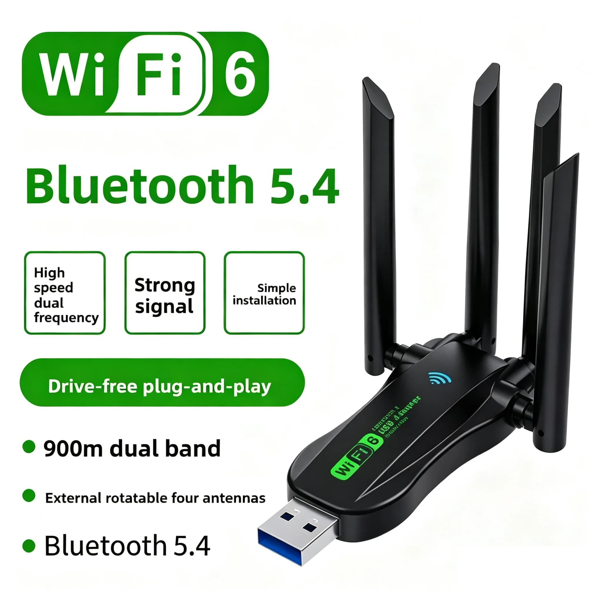 Adattatore USB WiFi6 Dual Band, Dongle WiFi AX900 Bluetooth 5.4 900Mbps, Plug & Play con 4 Antenne 2.4G/5Ghz Interfaccia USB Rete Wireless