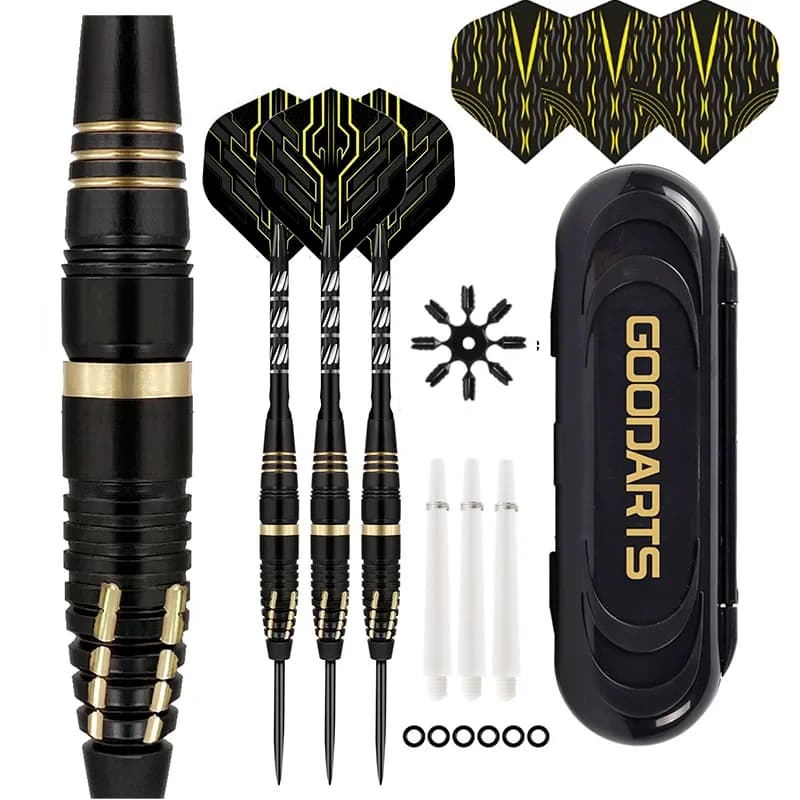 Set professionale di punte in metallo per freccette con punta in ottone e acciaio da 24 g con 3 voli extra per freccette, 3 sostituiscono l'albero in plastica + O-ring in gomma