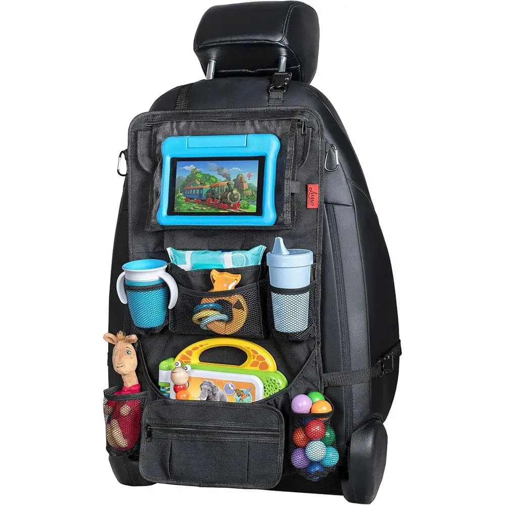 Car Organizer - Kick Mat Protects Kids, 12 Storage Pockets - iPad, Tablet, Water Bottle Holder - Durable, Heavy Duty Road Trip E