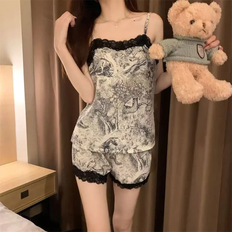 Ice Silk Pajamas Women's Girl Pure Desire Suspender Shorts Loungewear Large Size Ink Painting Two-piece Set New Sleepwear