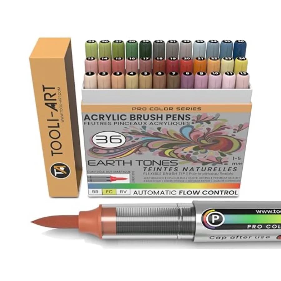 36 Flexible Brush Tip Acrylic Paint Pens Automatic Flow Control 1-5mm Line for Rock Painting, Coloring, Lettering, Scrapbooking