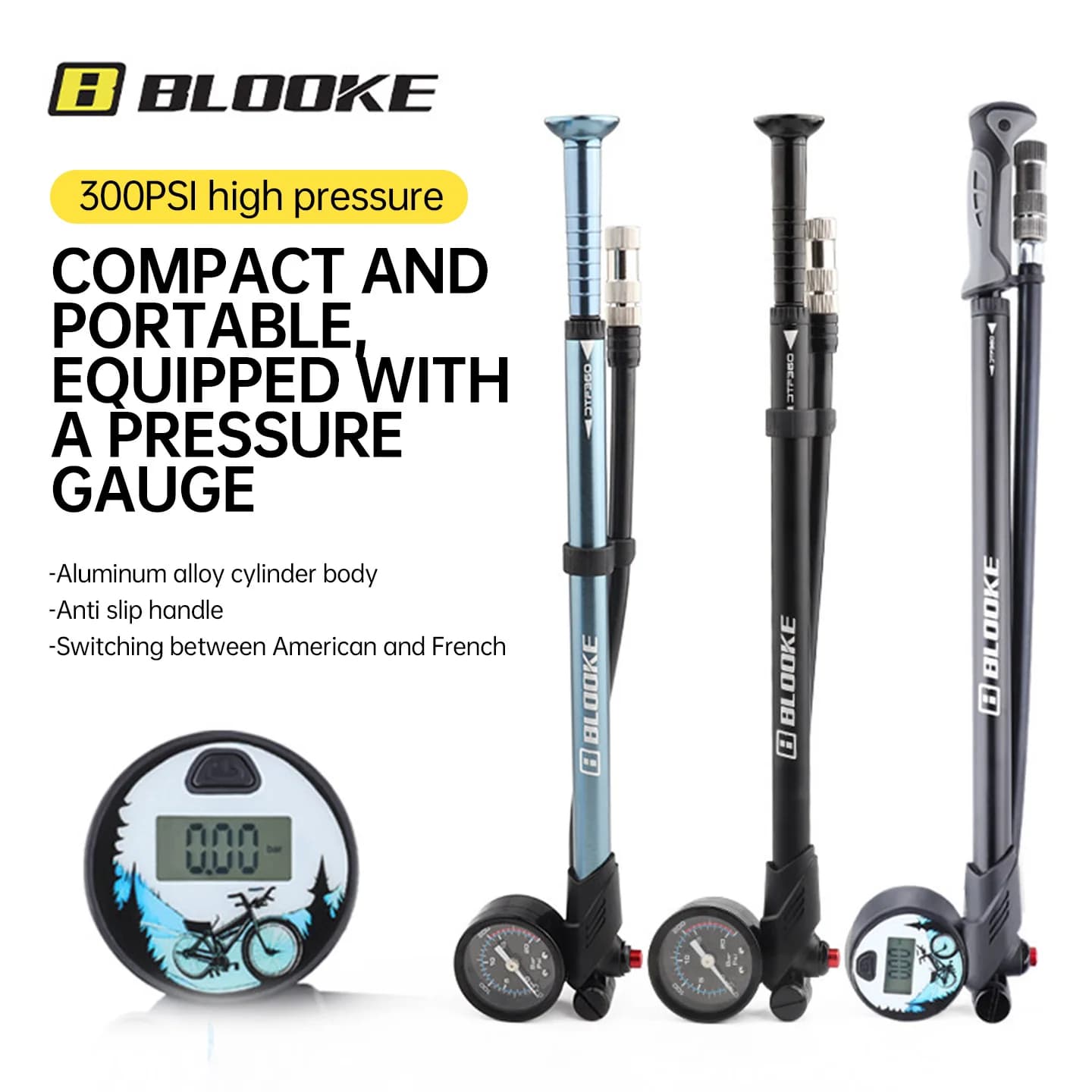 BLOOKE High-Pressure Air Pump for Mountain Bike Front Fork And Rear Shock Absorber with Pressure Gauge