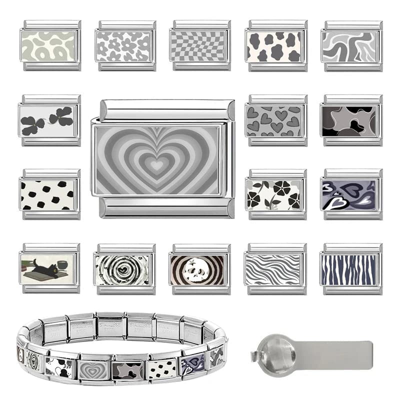 Bracciale Y2K in Acciaio Inossidabile da 9mm con Charm a Forma di Gatto, Cuore e Fiore Grigio, Stile Italiano, per Uomo e Donna, Ideale per Creare Gioielli Fai-da-Te e Regali