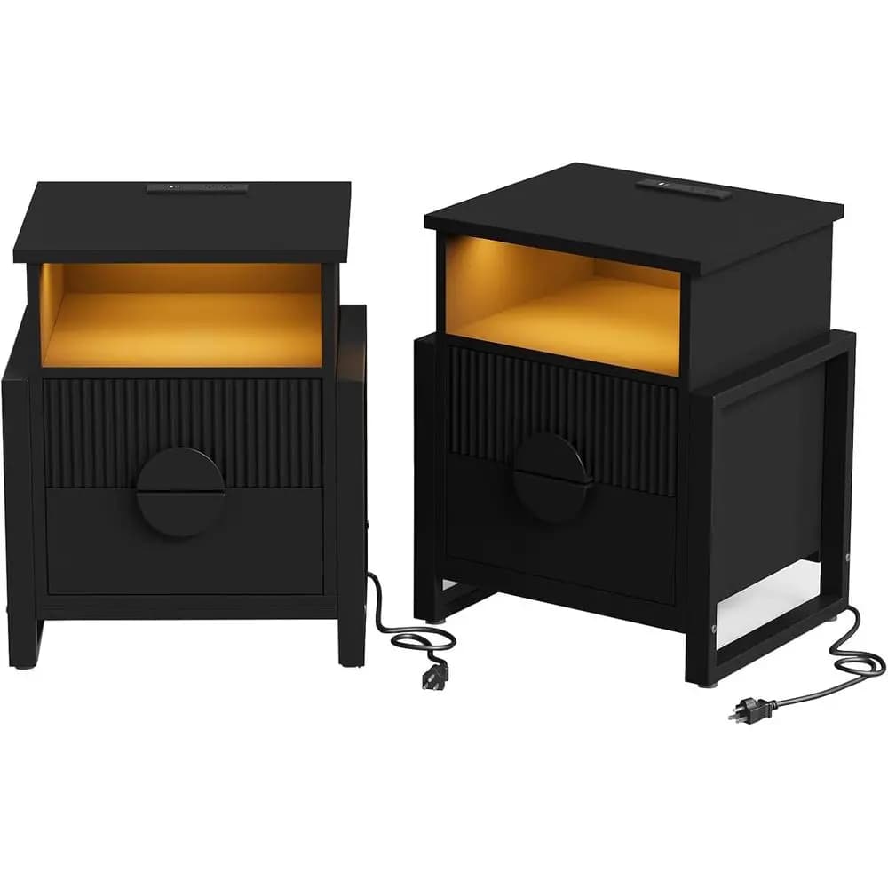 Double Drawer Nightstand with LED Strip Lighting, 20.47 Wide, Large Accent Side Table, Open Storage Cubby, Black