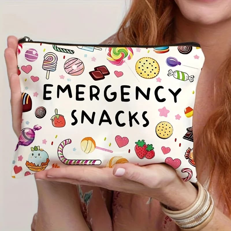 Borsa da Viaggio per Snack d'Emergenza - Pochette Cosmetica Leggera e Pieghevole con Chiusura a Cerniera Sicura, Design Durevole in Poliestere a Tema Caramelle