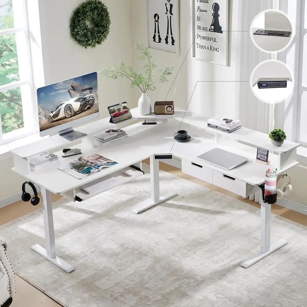 60 L-Shaped Adjustable Standing Desk with Drawers, Keyboard Tray, Power Outlets, LED Lights, Monitor Shelf, Antique White