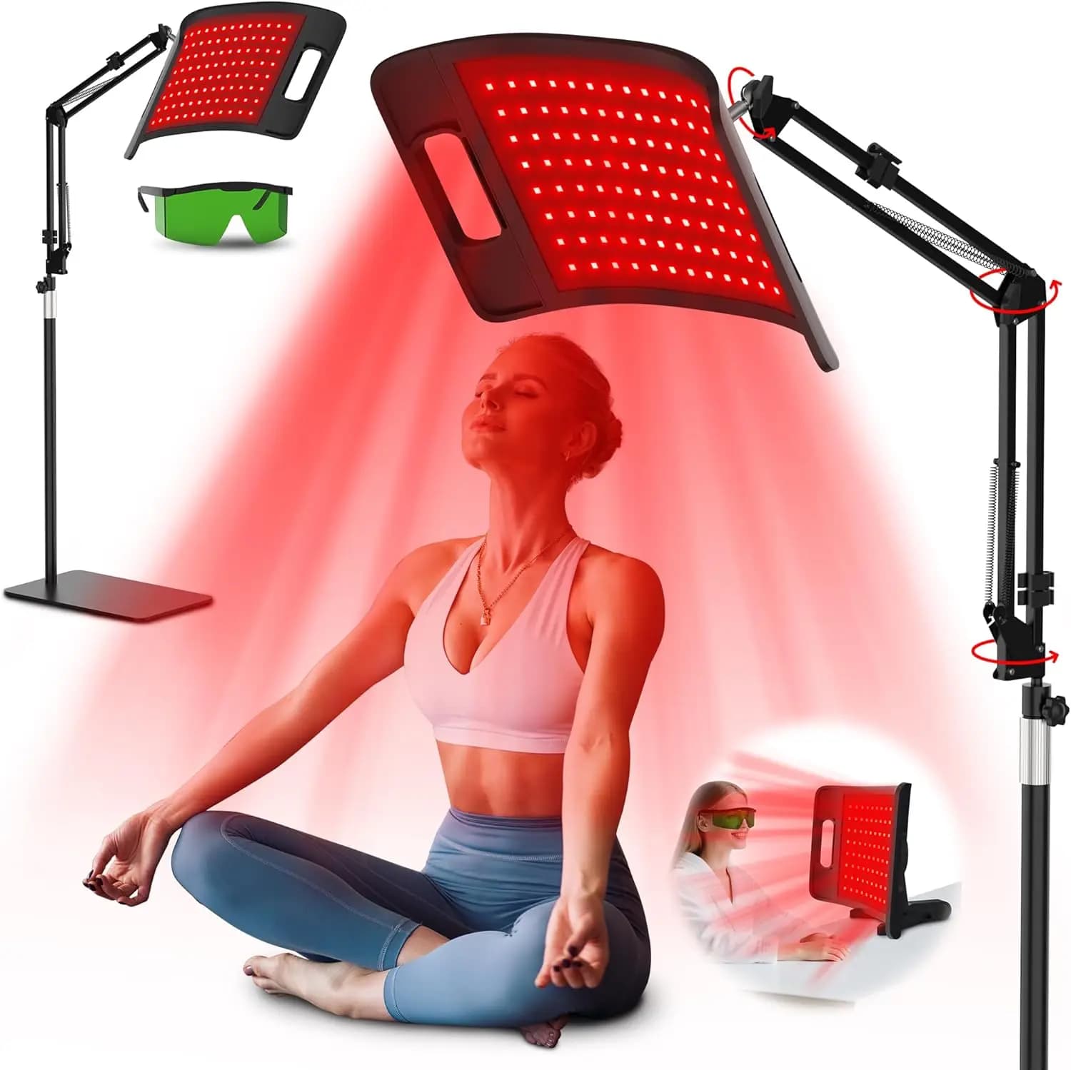 Red light therapy lamp, 660 and 850 nm deep infrared light device with adjustable support and table support for face and full body