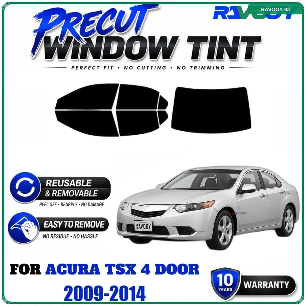 RAVOOY Precut Window Tint, Reusable Removable EPU Film, Custom Fit for Acura TSX 4 DOOR 2009-2014, UV Heat Protection