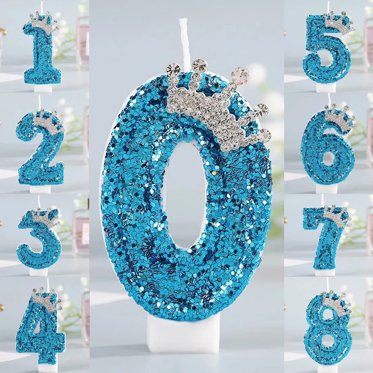 Candeline di compleanno con corona blu numerate da 0 a 9 - Decorazione creativa con glitter per torta per feste di compleanno di principesse