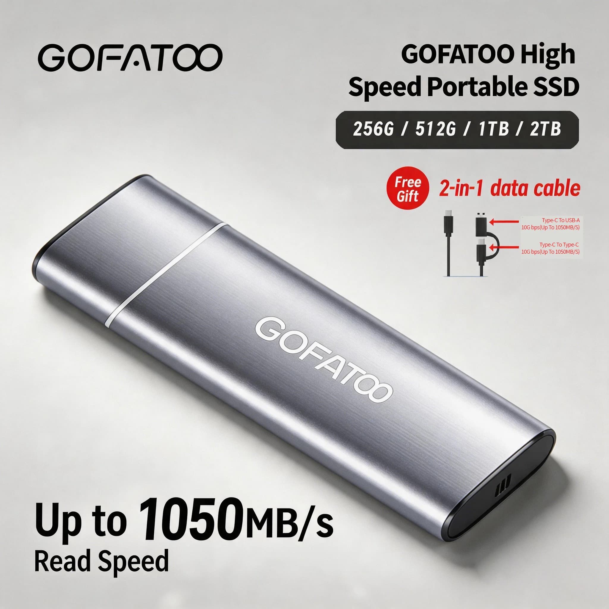 GOFATOO Up to 1050MB/s USB3.2 Gen2 Type-C PSSD 256GB 512GB 1TB 2TB Plug and Play Storage PC Mac PS5 Laptop Phone Tablet Backup