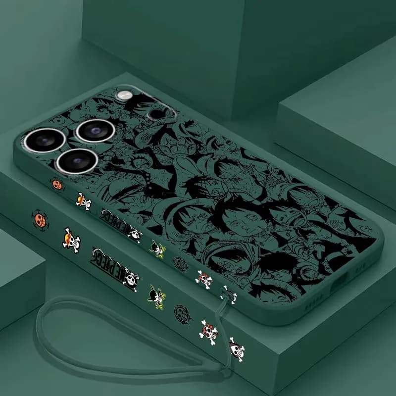 Custodia Morbida Liquida di Lusso One Piece Luffy Art per Apple iPhone 17 16 15 14 13 12 XR XS X Pro Max Plus con Cordino a Sospensione