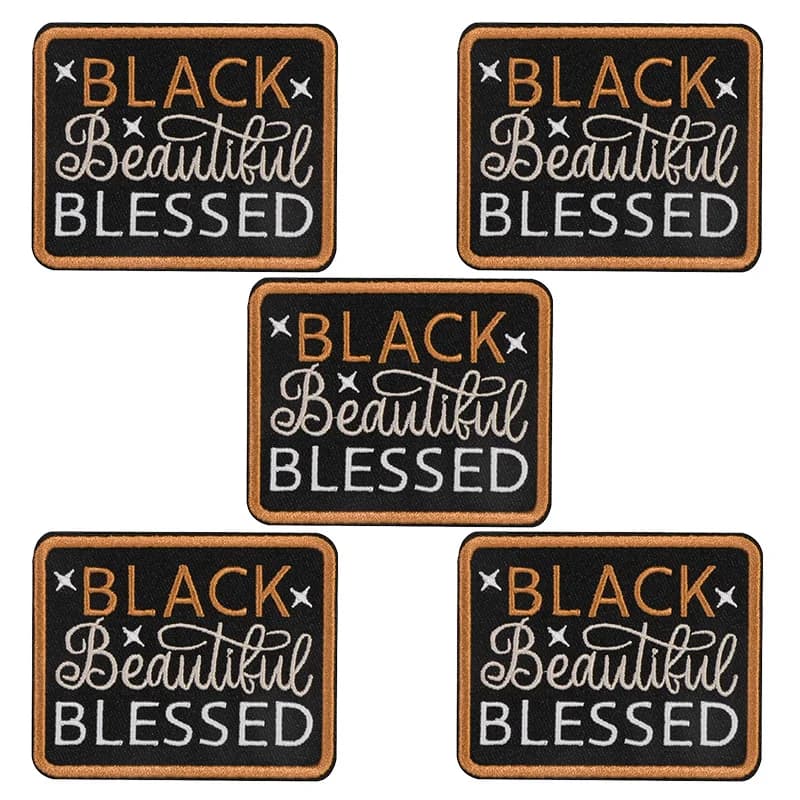 5 Pezzi Patch Ricamato Nero Bellissimo e Benedetto, Distintivo Termoadesivo con Messaggio di Potere, Regalo Fai da Te per Vestiti, Cappelli, Borse, Giacche, Cappelli da Camionista