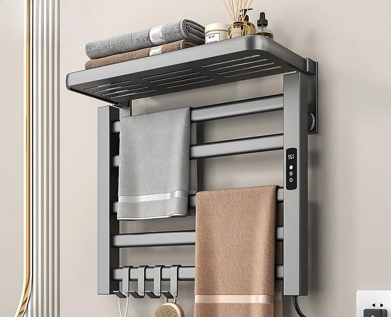 Scaldasalviette Elettrico da Bagno Grigio Scuro dal Design Moderno con Funzione di Asciugatura e Riscaldamento, Porta Asciugamani Intelligente