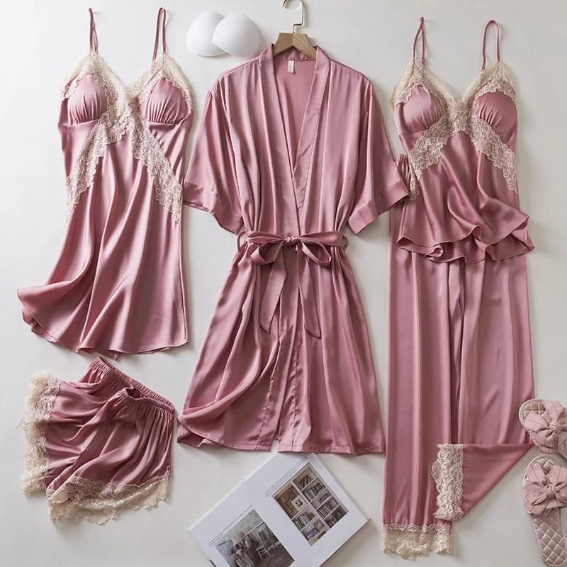 5 pieces pajamas Set Sexy lace pink Trim wedding dress night shirt Set spring summer women pajameria bathrobe loose satin dress Homewear