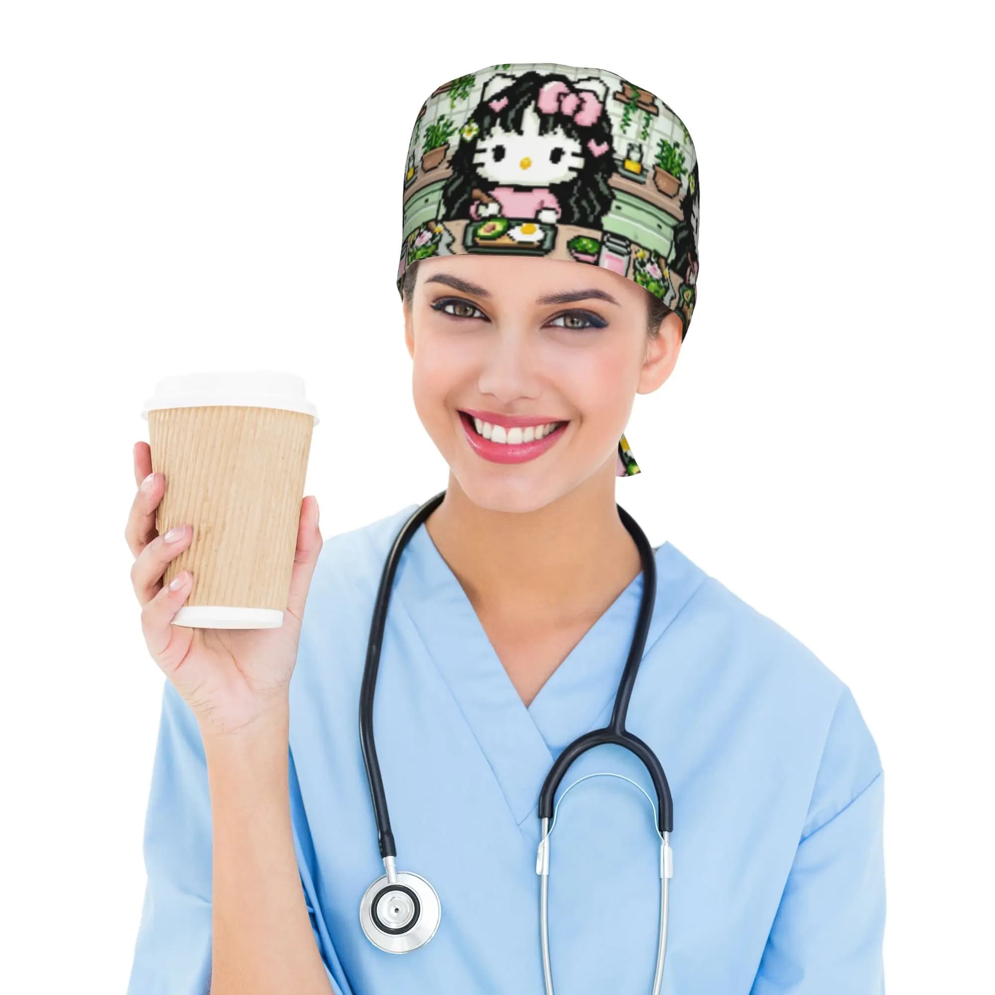 Cappello Medico Personalizzato con Cartoni Animati di Gatti per Personale Sanitario, Uomo e Donna, Stile Manga, per Cappelli da Chef e Berretti Sanitari