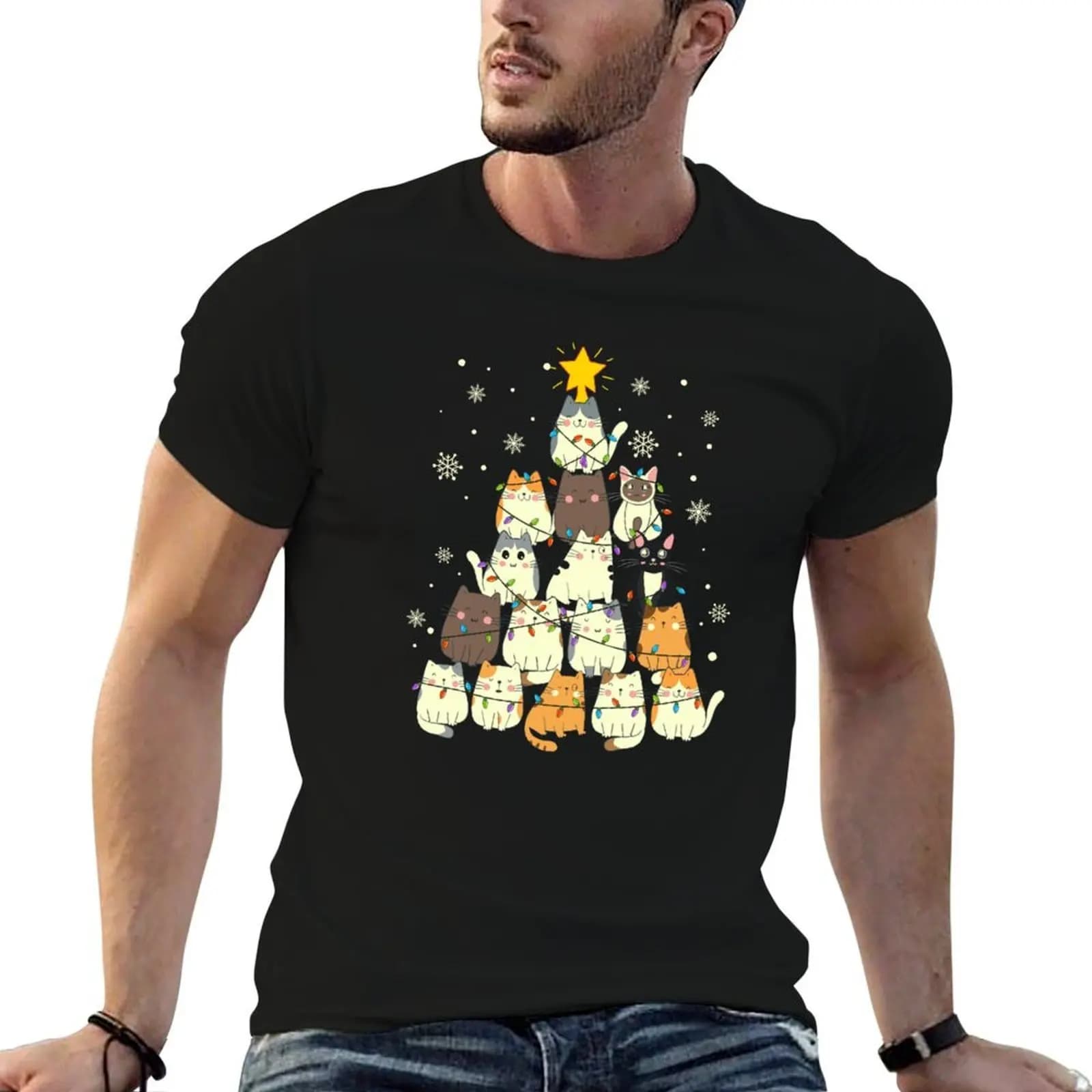 Maglietta natalizia divertente per amanti dei gatti, Meowy Catmas, con albero di Natale, t-shirt anime oversize da uomo, t-shirt grafica