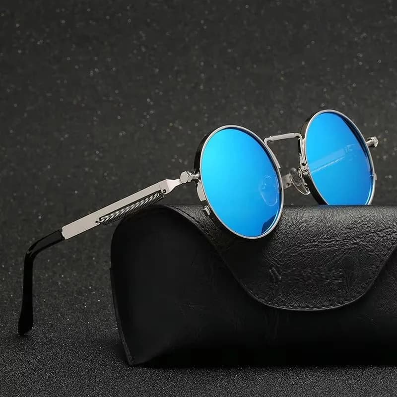 Occhiali da sole con gamba a molla Steampunk con montatura rotonda per uomo donna guida occhiali da sole blu moda occhiali da donna maschili classici vintage