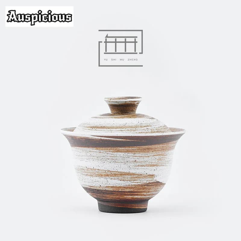 130ml Antique Rough Pottery Gaiwan Handmade Ceramic Soupers with Lids Tea Tureen Tea Making Cover Bowl Tea Ceremony Ornaments
