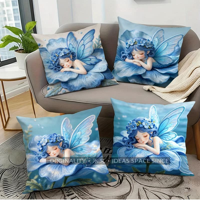 Fairy In Blue Flower - Fodere per cuscini con motivo floreale, adatte per divano, camera da letto, auto