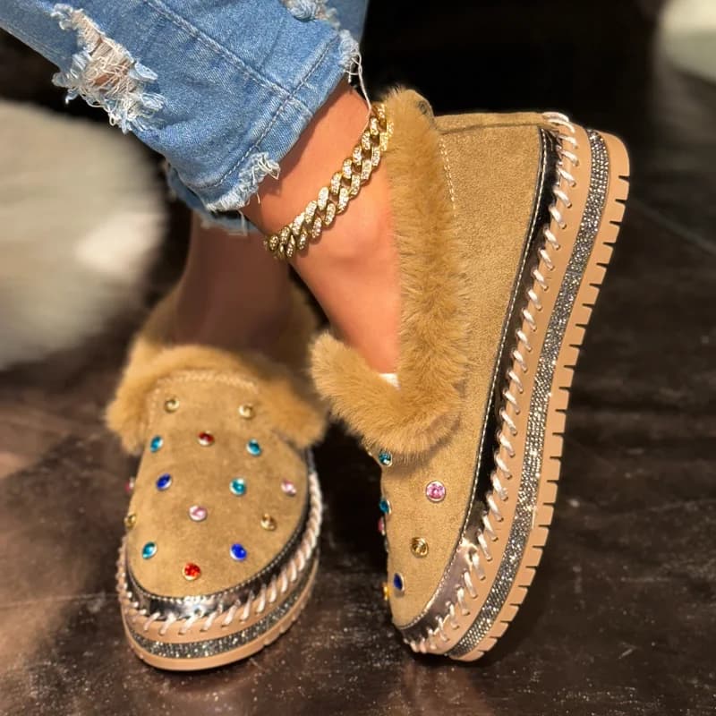 Mocassini in peluche con strass colorati Scarpe basse da donna Rivetti di lusso Cuciture a mano Scarpe invernali Donna Cristalli Calzature con plateau slip-on