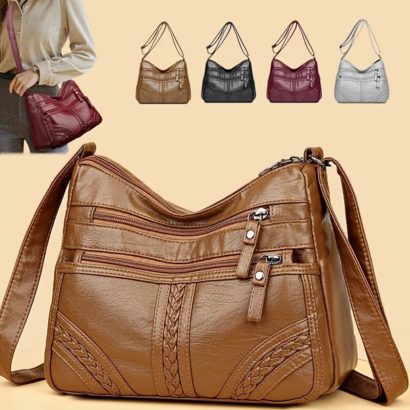 Elegante Borsa a Tracolla in Pelle per Donne, Borsa Hobo Multitasca, Borsa Casual da Viaggio in Pelle Morbida Lavata, Nera per Uso Quotidiano