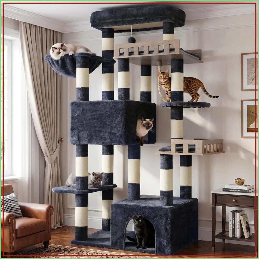 Maine Coon Cat Tree, Heavy Duty Cat Tower for Large Cats 20 lbs+, with Hammock, 2 Perches, 2 Condos, 15 Scratching Posts