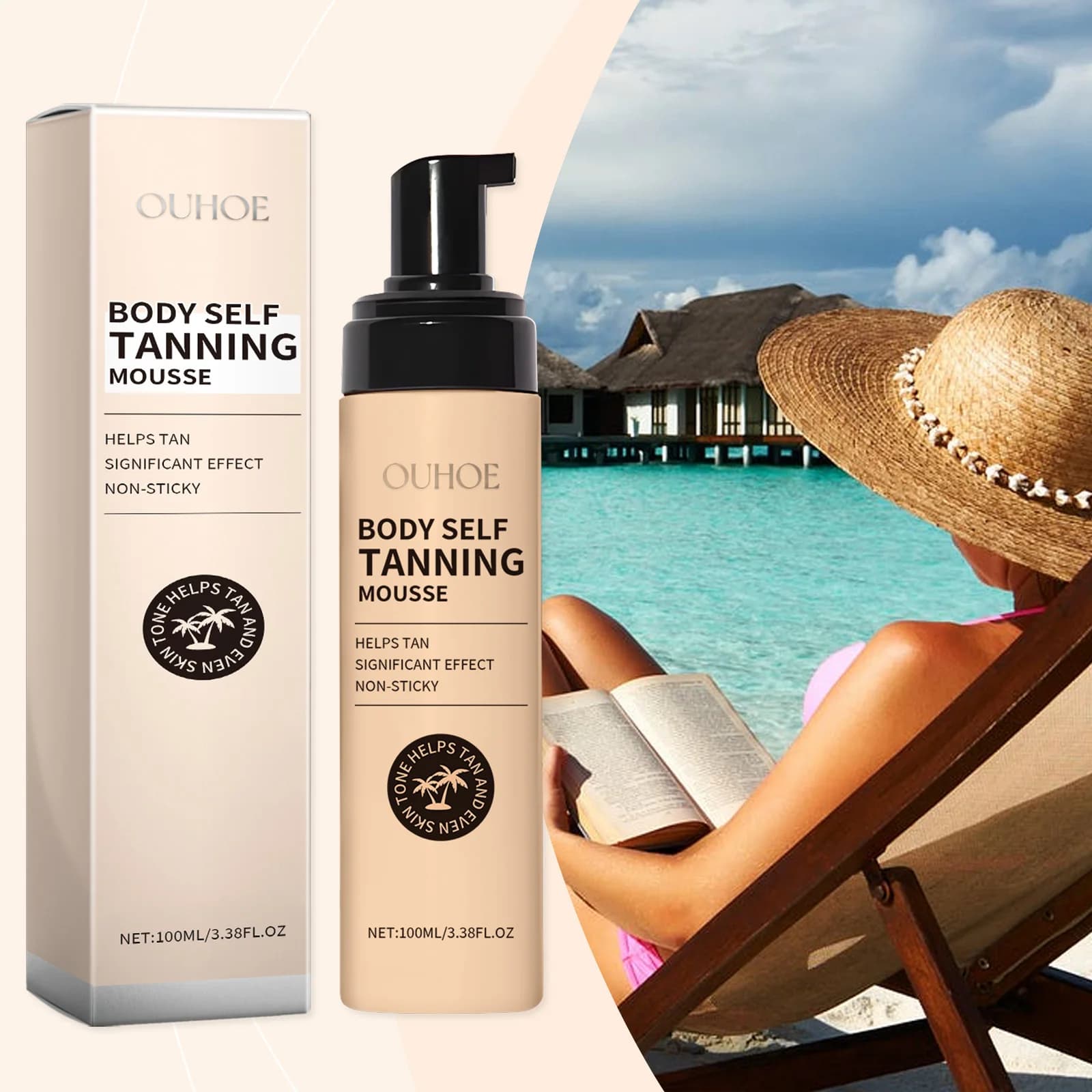 Mousse autobloccante estiva aiuta marrone chiaro naturale Pelle di bronzo color grano Tessuto scuro Idratare il corpo del viso autobloccante senza sole
