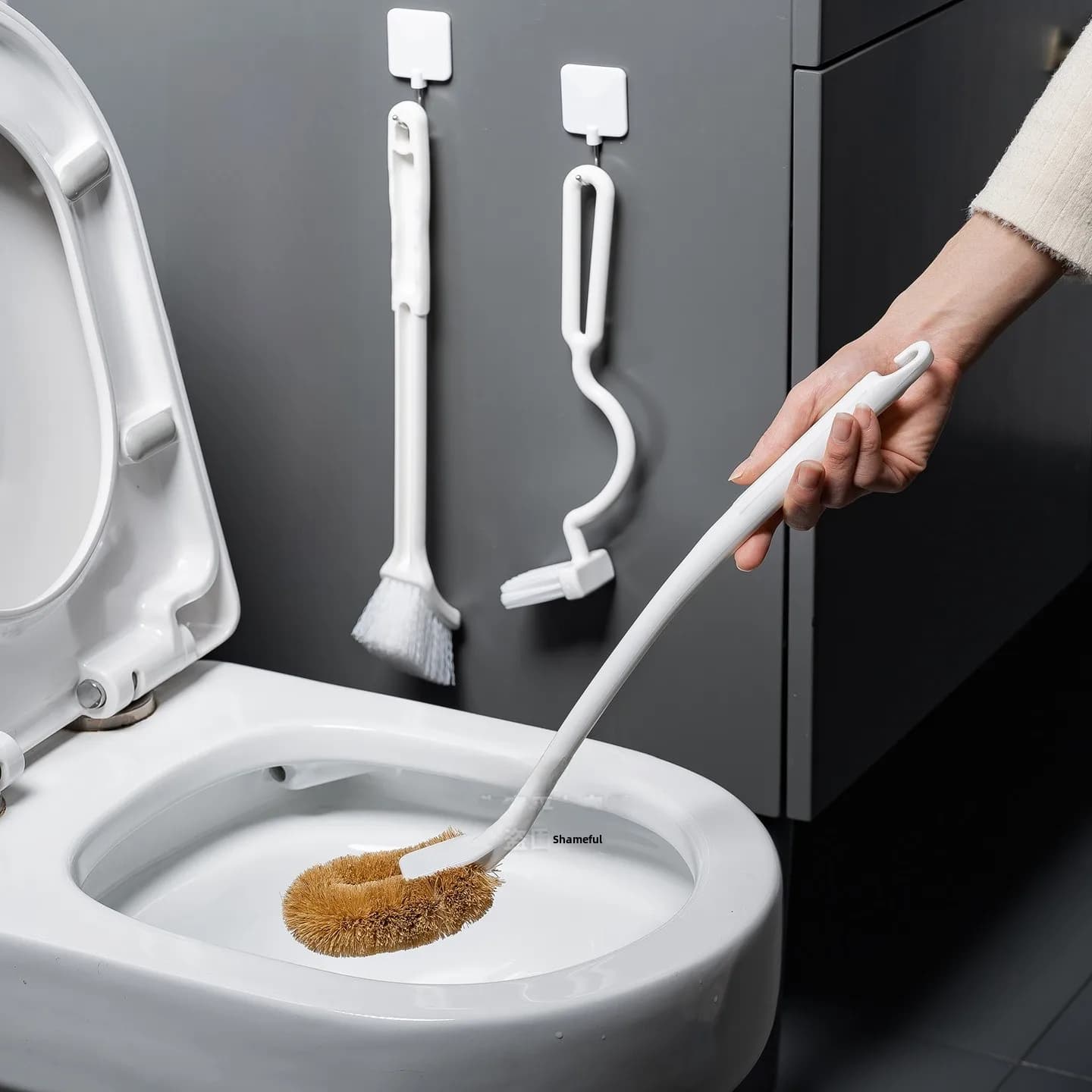 Spazzola per WC a Manico Lungo da Parete, Senza Angoli Morti, Strumento per la Pulizia del Sedile del WC, in Plastica Resistente